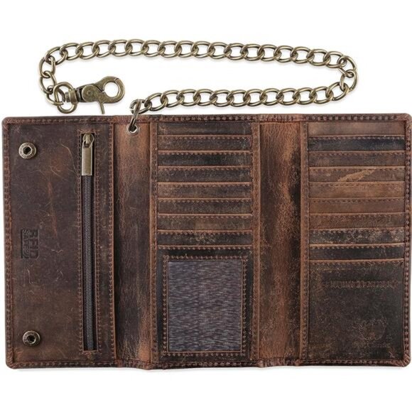 CLASSIC RFID Blocking Mens Trifold Long Style Cowhide Leather Steel Chain Wallet - Picture 1 of 8